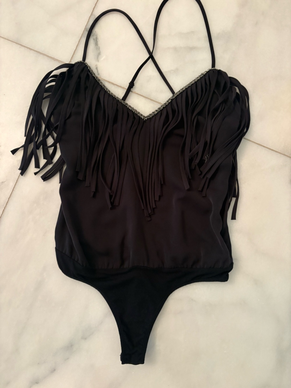 bebe Black Fringe Camisole with Beaded Neckline